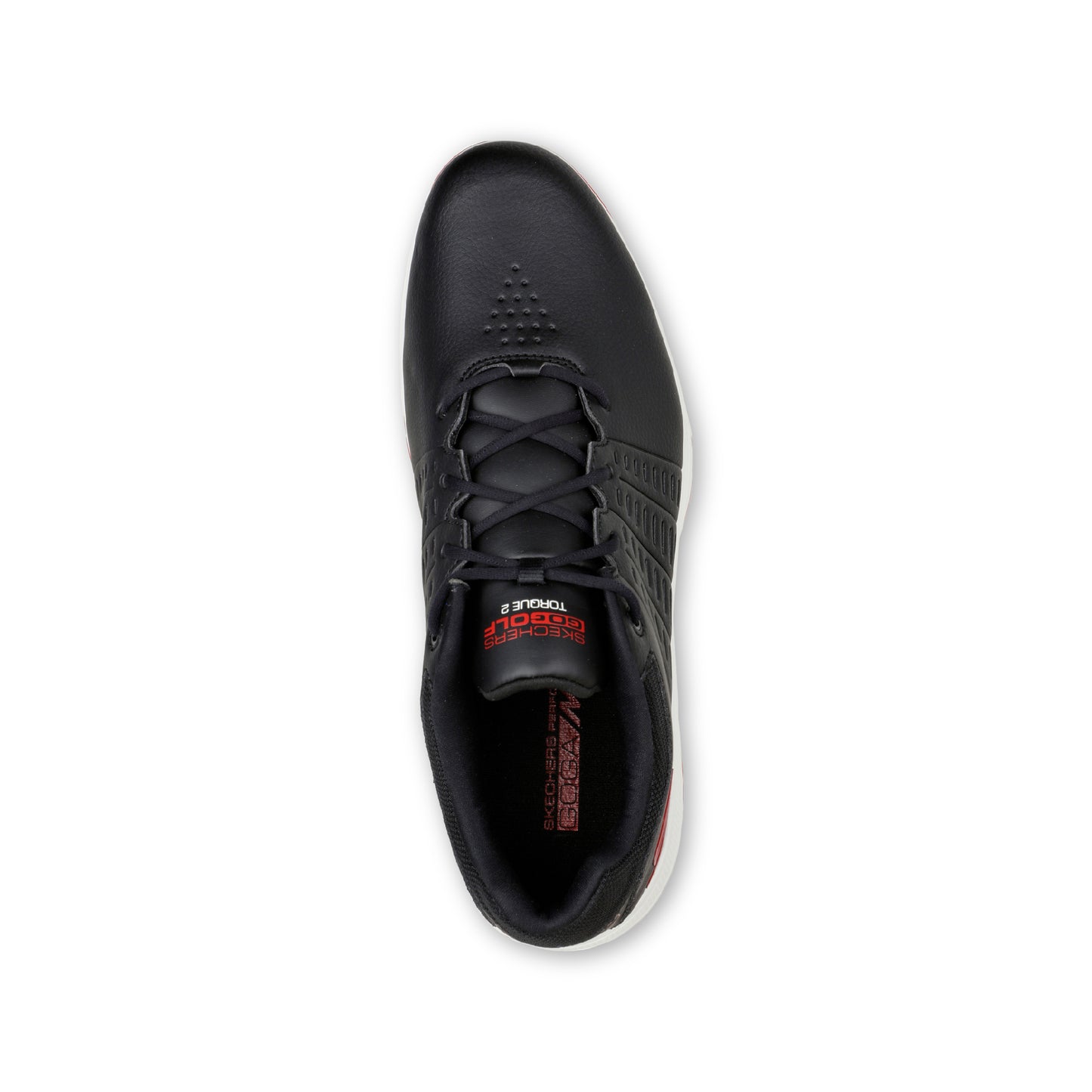 A pair of SKECHERS GO GOLF Torque Spike Black golf shoes with a lace-up front, featuring a black synthetic duraleather upper, a lace-up front, and a molded rubber grip bottom plate.