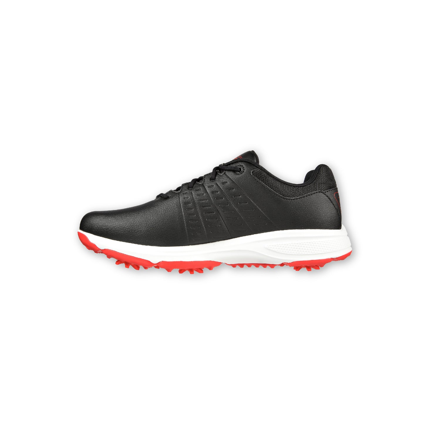 A pair of SKECHERS GO GOLF Torque Spike Black golf shoes with a lace-up front, featuring a black synthetic duraleather upper, a lace-up front, and a molded rubber grip bottom plate.