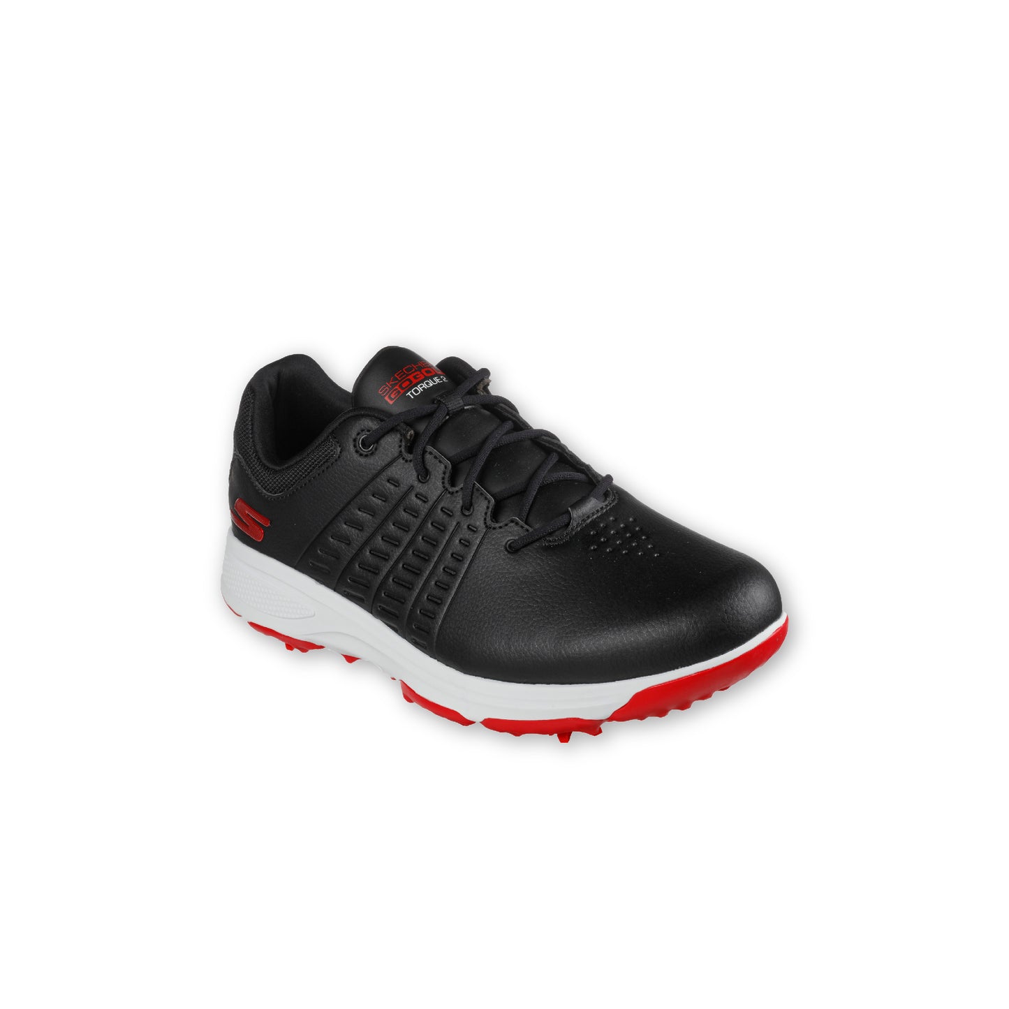 A pair of SKECHERS GO GOLF Torque Spike Black golf shoes with a lace-up front, featuring a black synthetic duraleather upper, a lace-up front, and a molded rubber grip bottom plate.