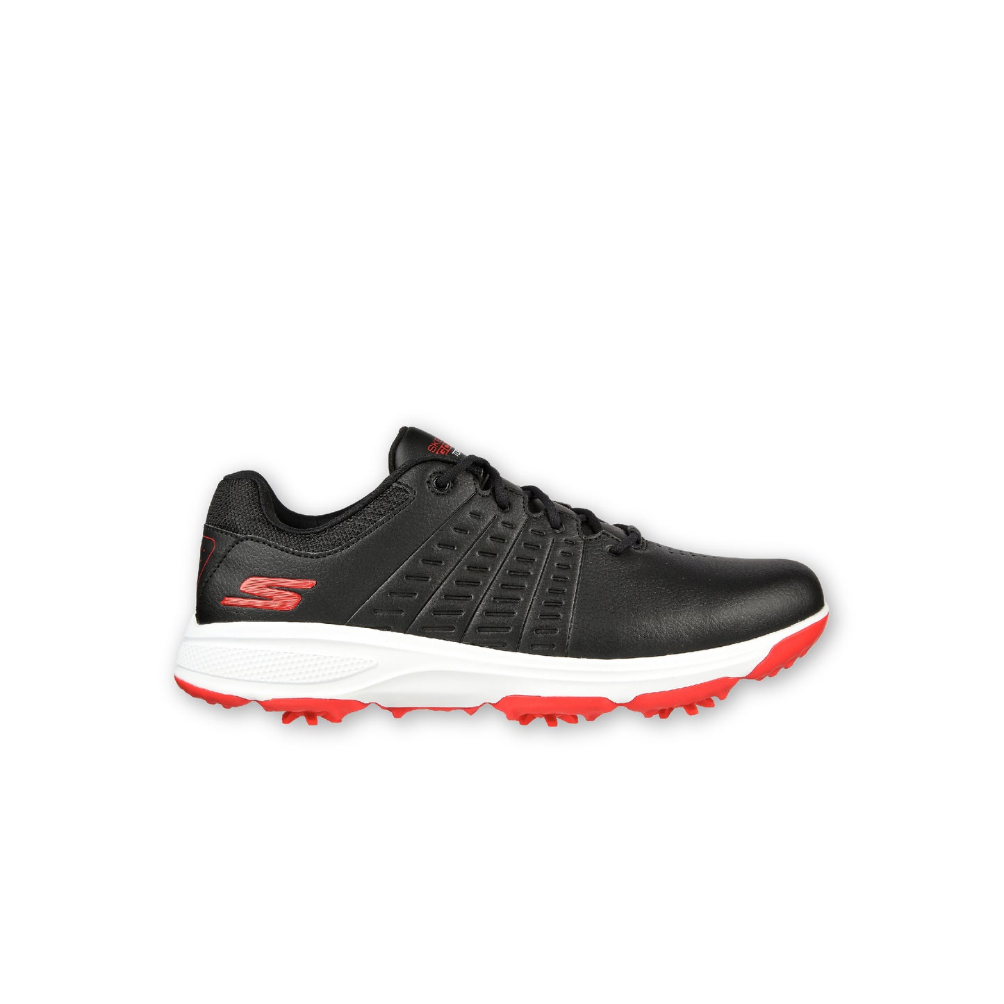 A pair of SKECHERS GO GOLF Torque Spike Black golf shoes with a lace-up front, featuring a black synthetic duraleather upper, a lace-up front, and a molded rubber grip bottom plate.