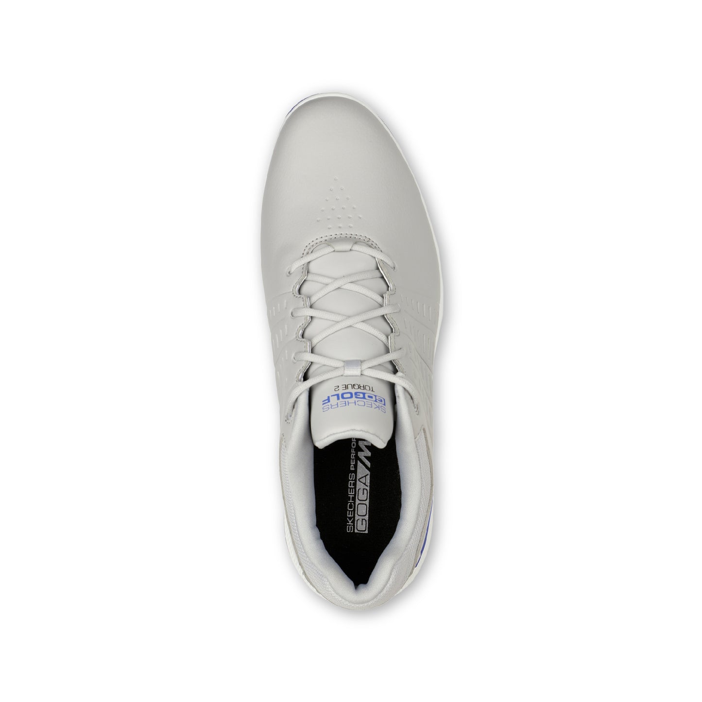 A pair of SKECHERS GO GOLF Torque Spike Grey golf shoes with lace-up front, featuring a synthetic duraleather upper, molded rubber grip bottom plate, and Stealth PIN system for grip.