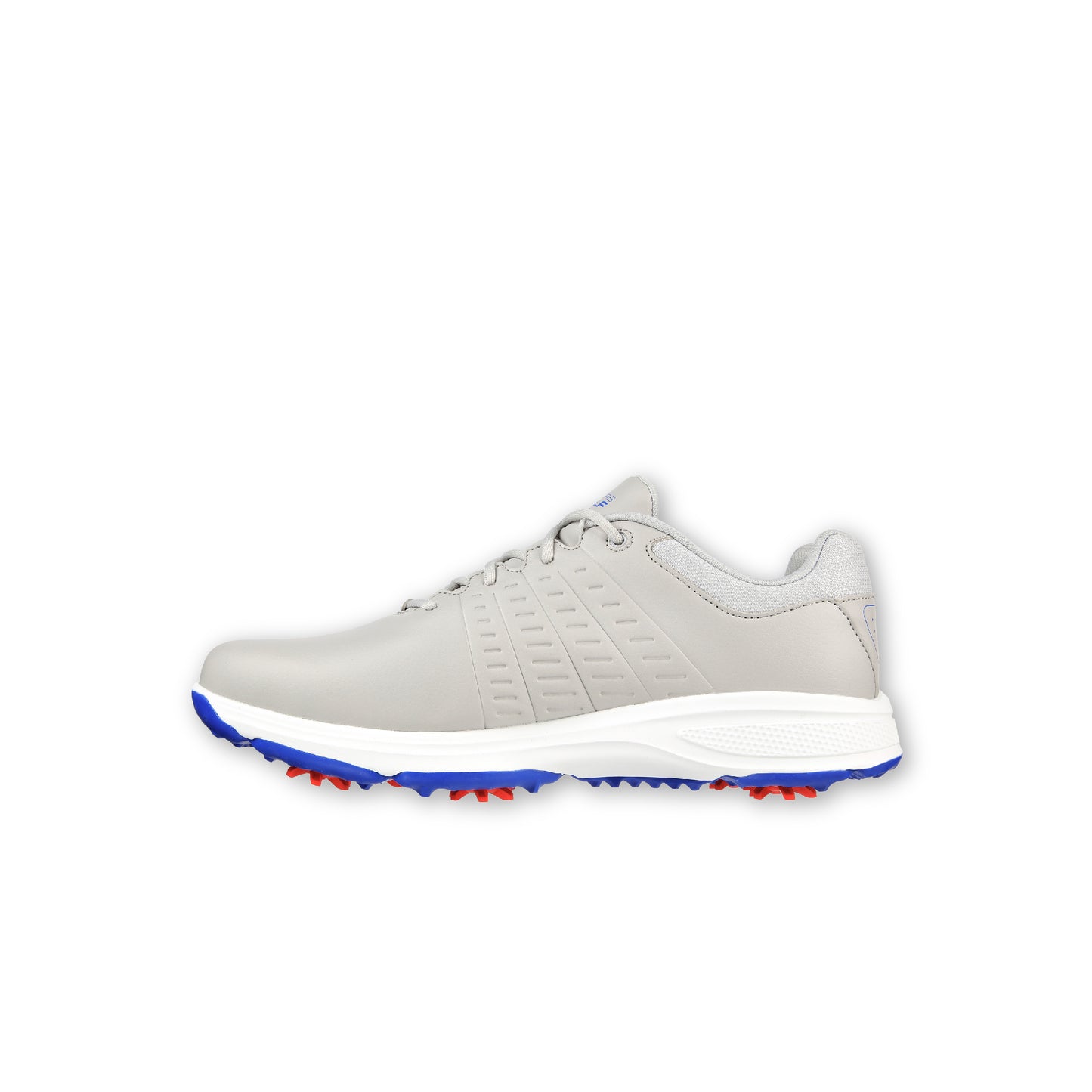 A pair of SKECHERS GO GOLF Torque Spike Grey golf shoes with lace-up front, featuring a synthetic duraleather upper, molded rubber grip bottom plate, and Stealth PIN system for grip.
