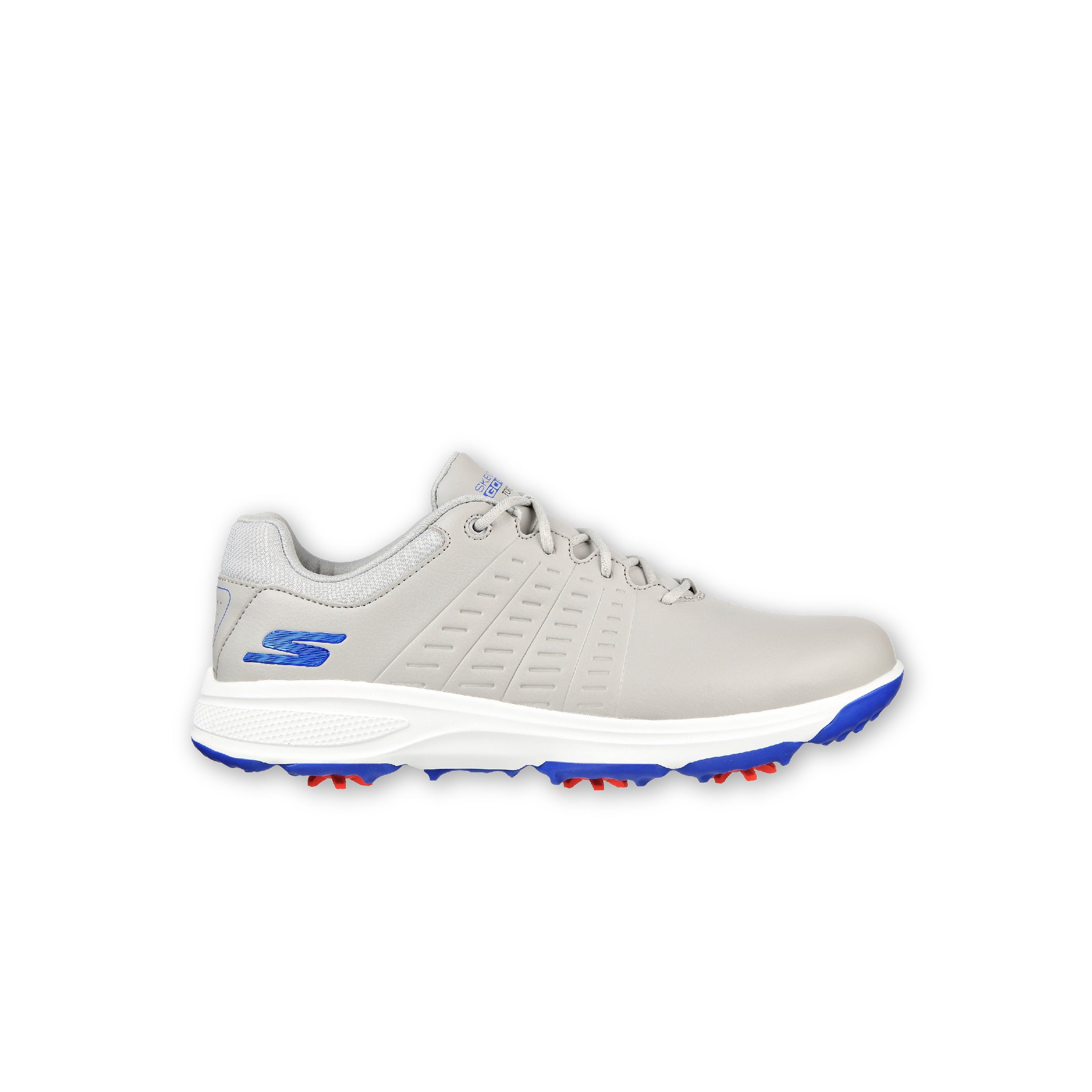 A pair of SKECHERS GO GOLF Torque Spike Grey golf shoes with lace-up front, featuring a synthetic duraleather upper, molded rubber grip bottom plate, and Stealth PIN system for grip.