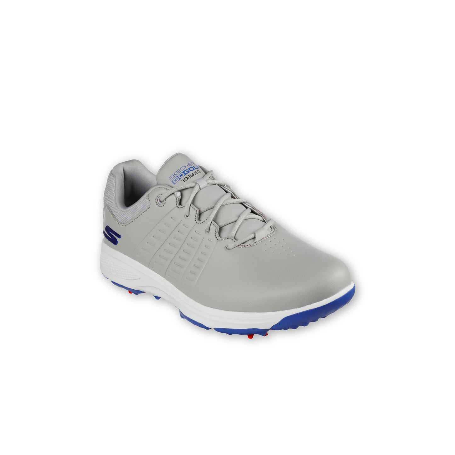 A pair of SKECHERS GO GOLF Torque Spike Grey golf shoes with lace-up front, featuring a synthetic duraleather upper, molded rubber grip bottom plate, and Stealth PIN system for grip.