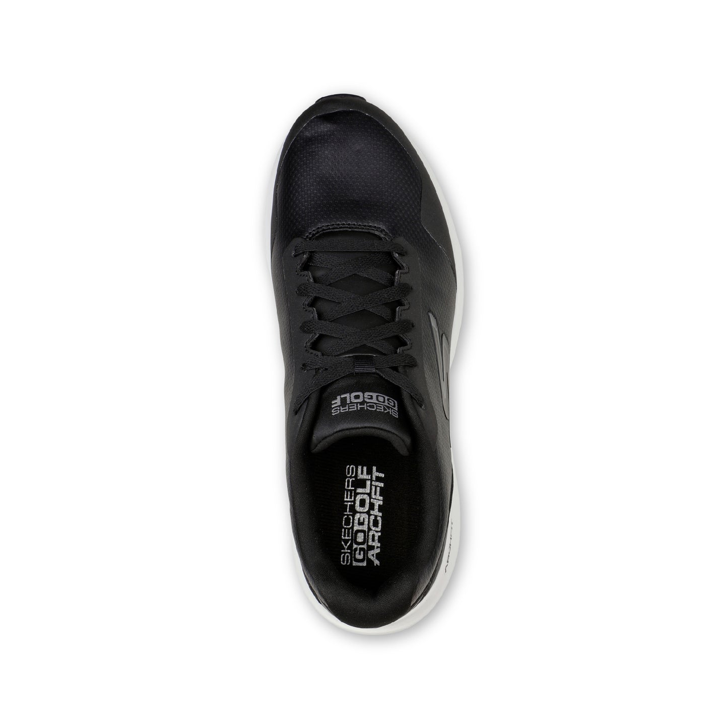 A pair of SKECHERS GO GOLF Max 2 spikeless black golf shoes with a lace-up front and a removable insole.