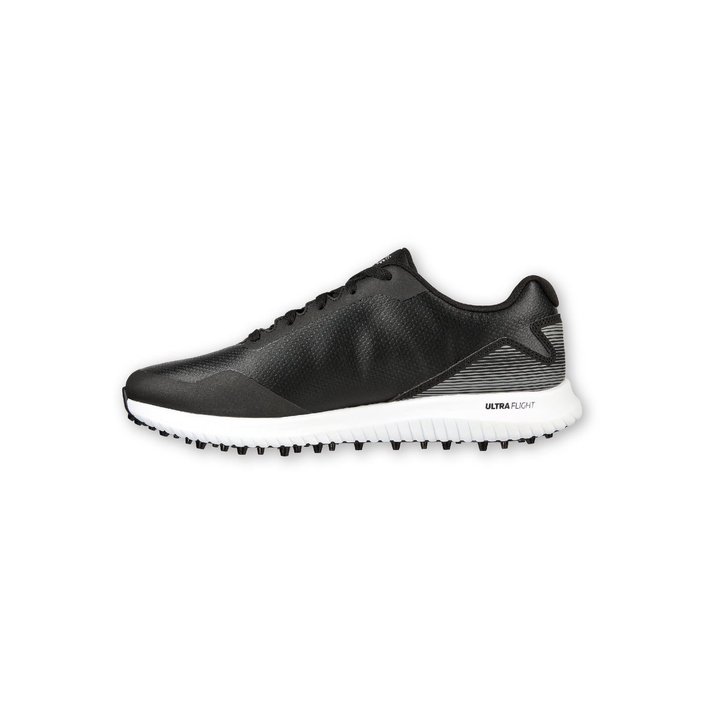 A pair of SKECHERS GO GOLF Max 2 spikeless black golf shoes with a lace-up front and a removable insole.