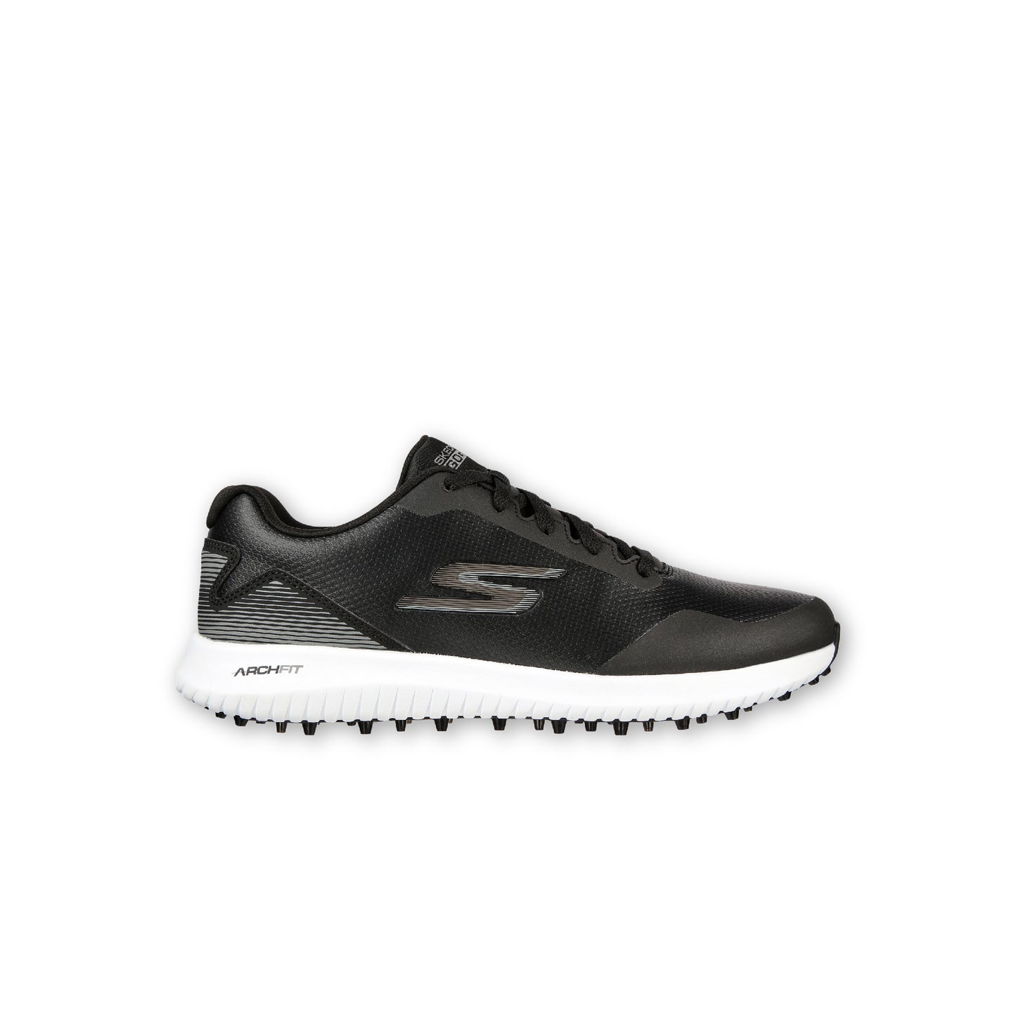 A pair of SKECHERS GO GOLF Max 2 spikeless black golf shoes with a lace-up front and a removable insole.