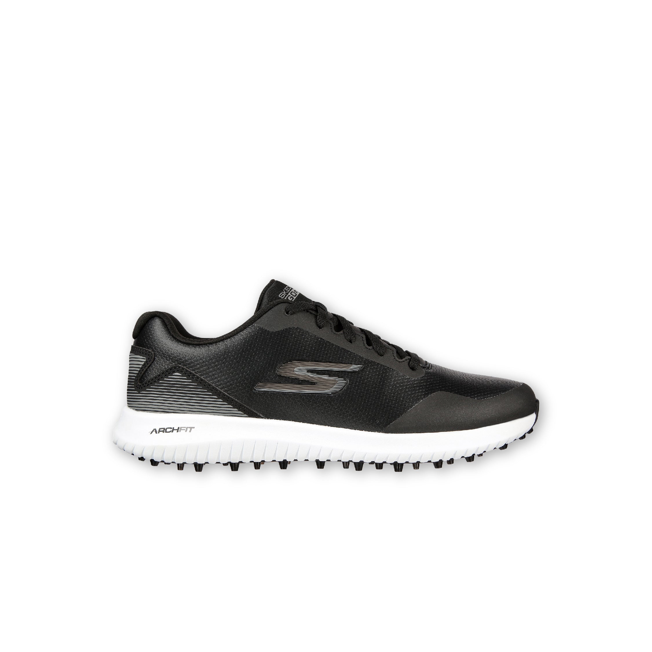 A pair of SKECHERS GO GOLF Max 2 spikeless black golf shoes with a lace-up front and a removable insole.