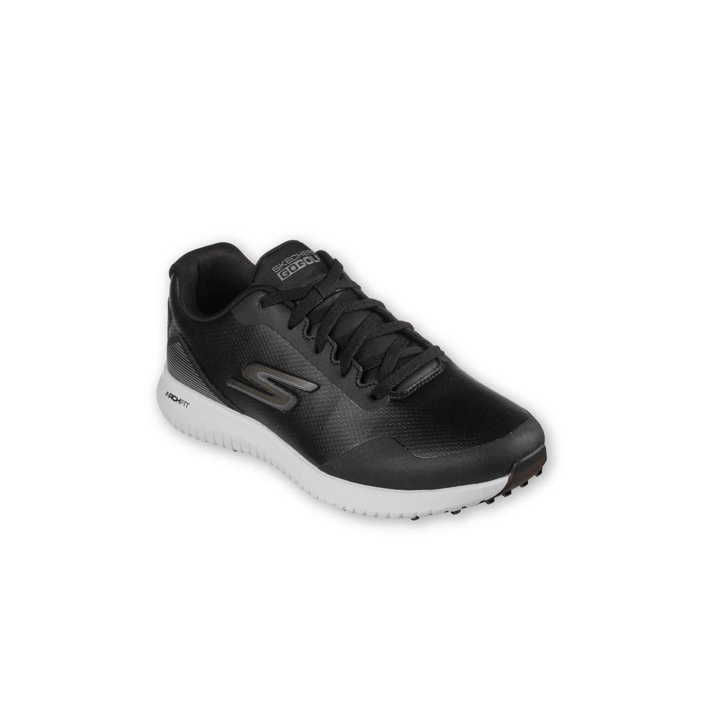 A pair of SKECHERS GO GOLF Max 2 spikeless black golf shoes with a lace-up front and a removable insole.