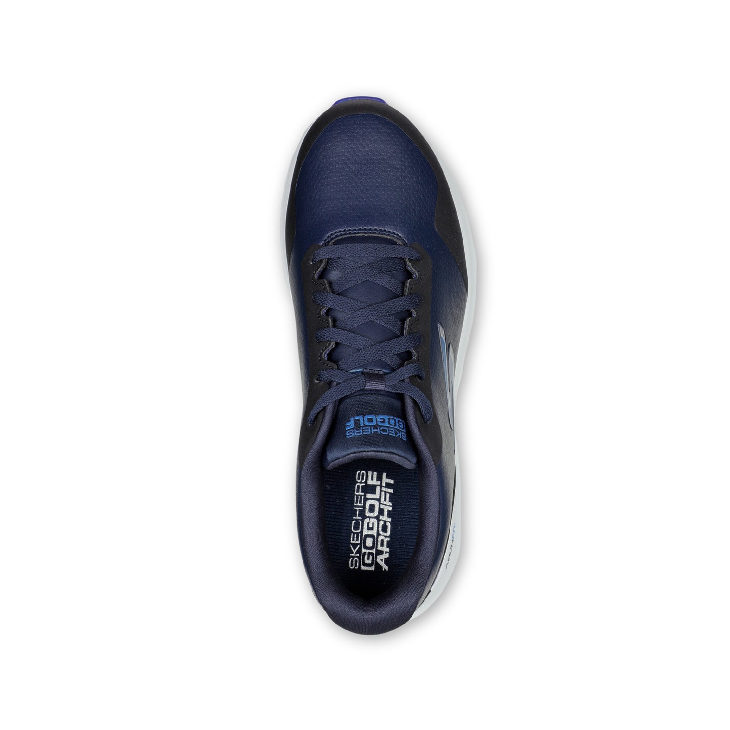 A pair of SKECHERS GO GOLF Max 2 spikeless navy golf shoes with a lace-up front and a synthetic and mesh upper.