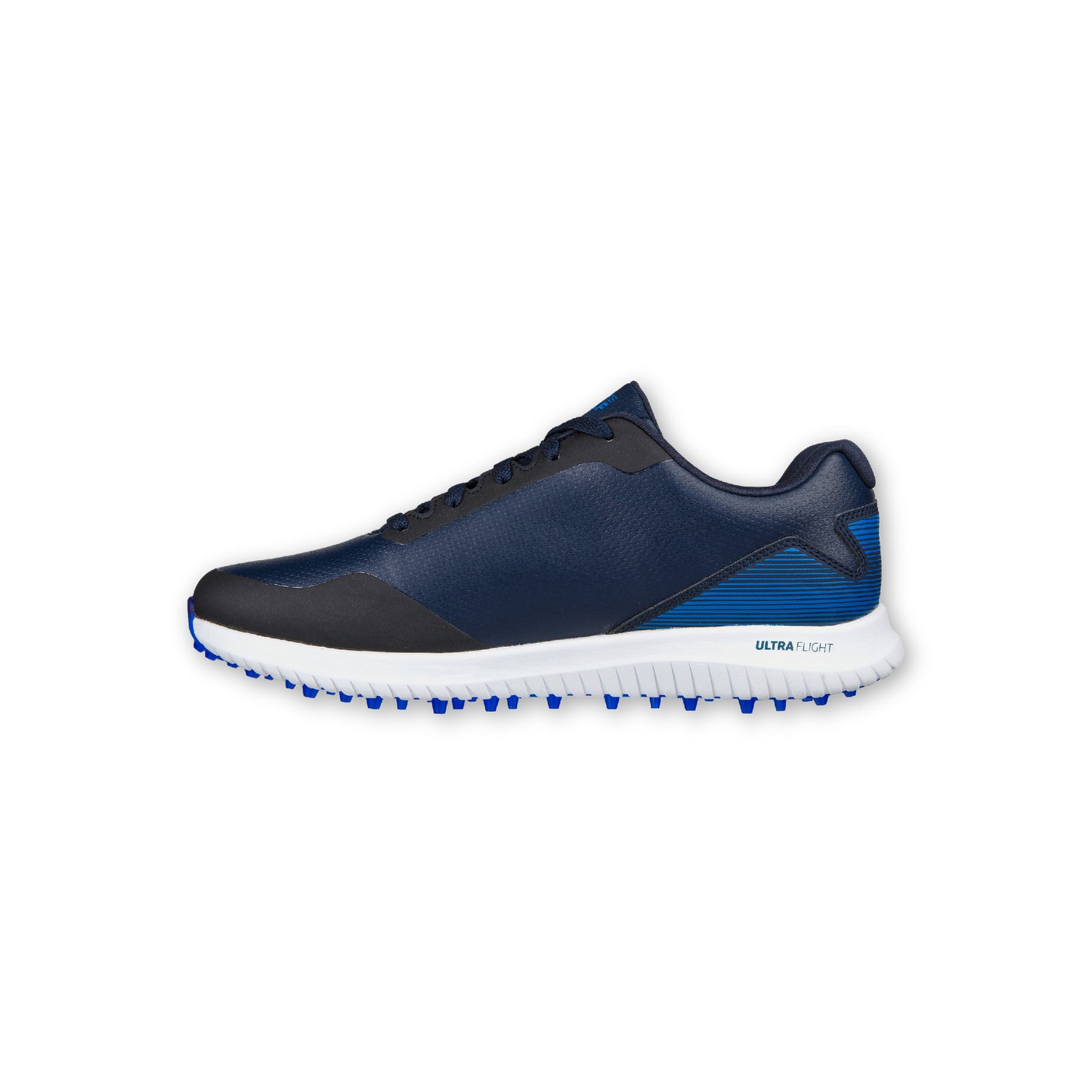 A pair of SKECHERS GO GOLF Max 2 spikeless navy golf shoes with a lace-up front and a synthetic and mesh upper.