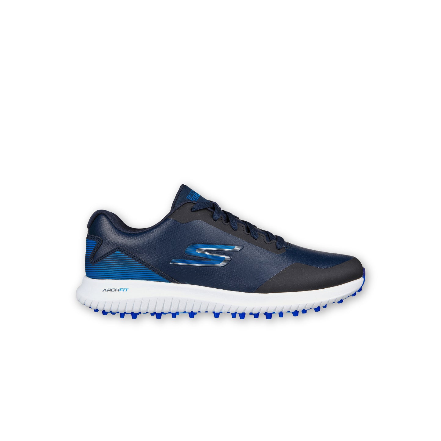 A pair of SKECHERS GO GOLF Max 2 spikeless navy golf shoes with a lace-up front and a synthetic and mesh upper.