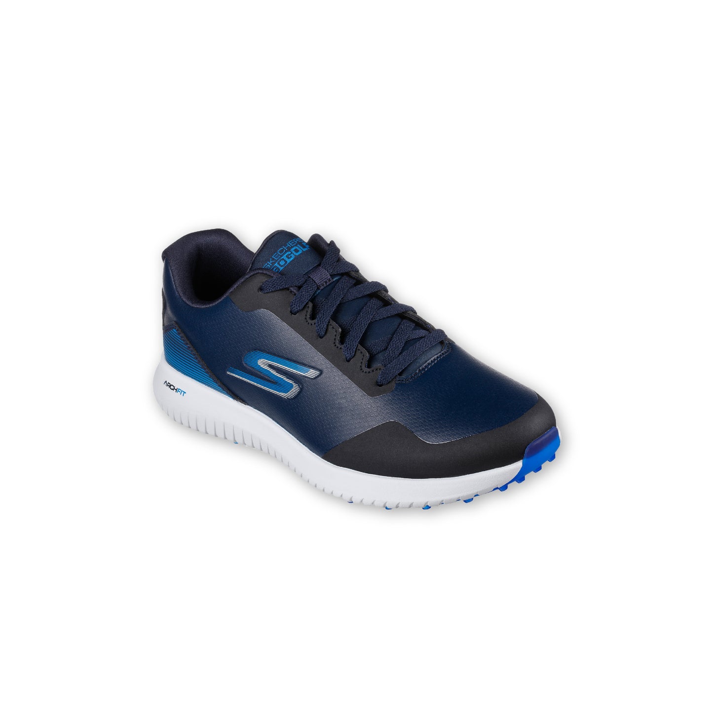 A pair of SKECHERS GO GOLF Max 2 spikeless navy golf shoes with a lace-up front and a synthetic and mesh upper.