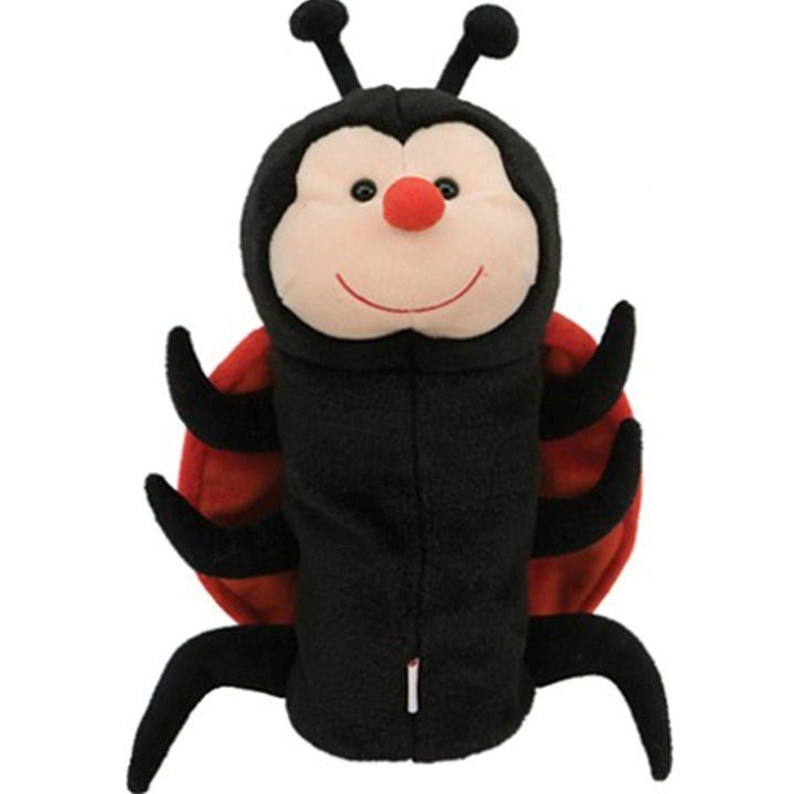 A plush golf club headcover designed to look like a red and black ladybug with a smiling face.