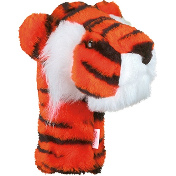 A multicolored golf hybrid club headcover designed to resemble a tiger's face with stripes and ears.