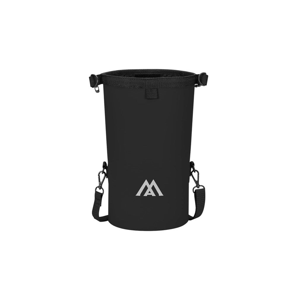 Black drawstring bag with a logo on a white background