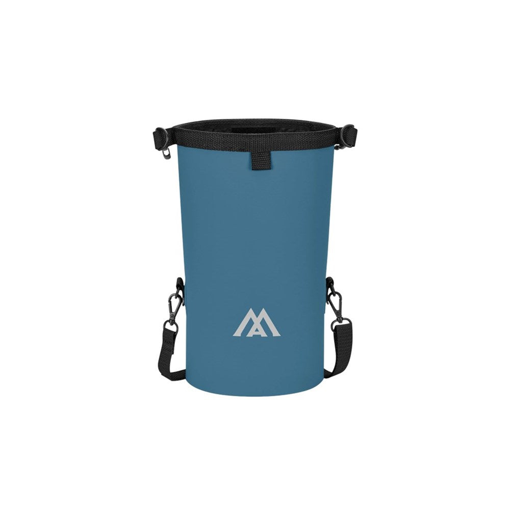 Blue cylindrical bag with black straps and a logo on a white background