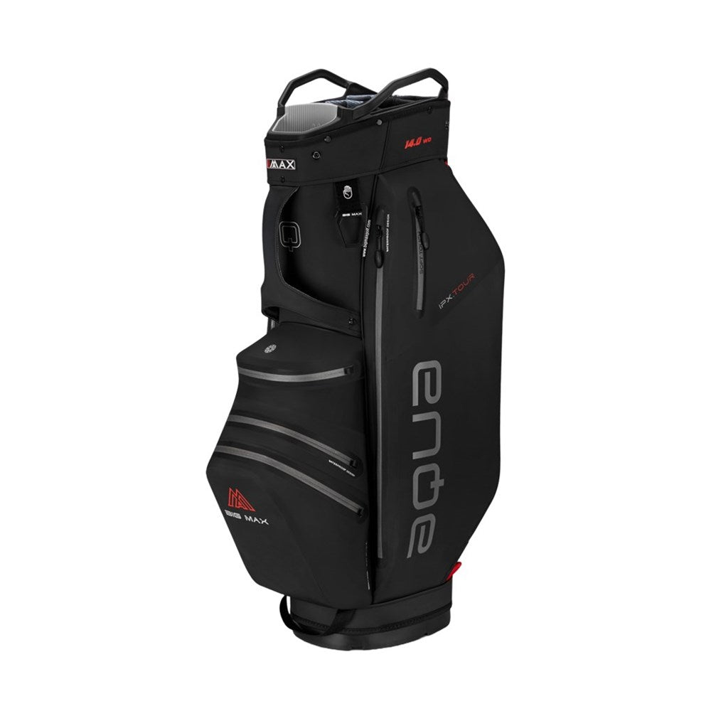 Black golf bag with visible branding on a white background