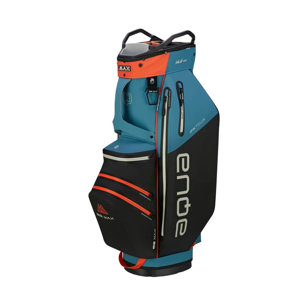Golf bag with black, blue, and orange design on a white background