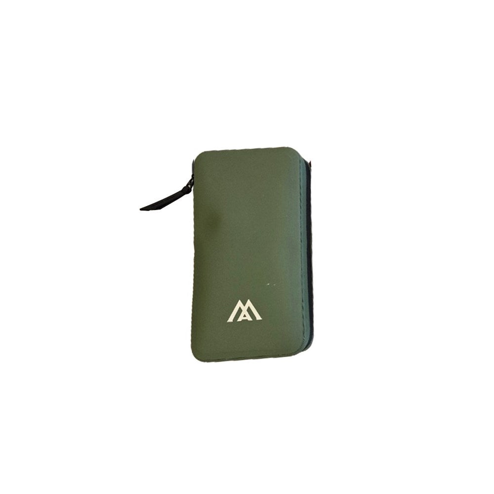 Green wallet with a logo on a white background
