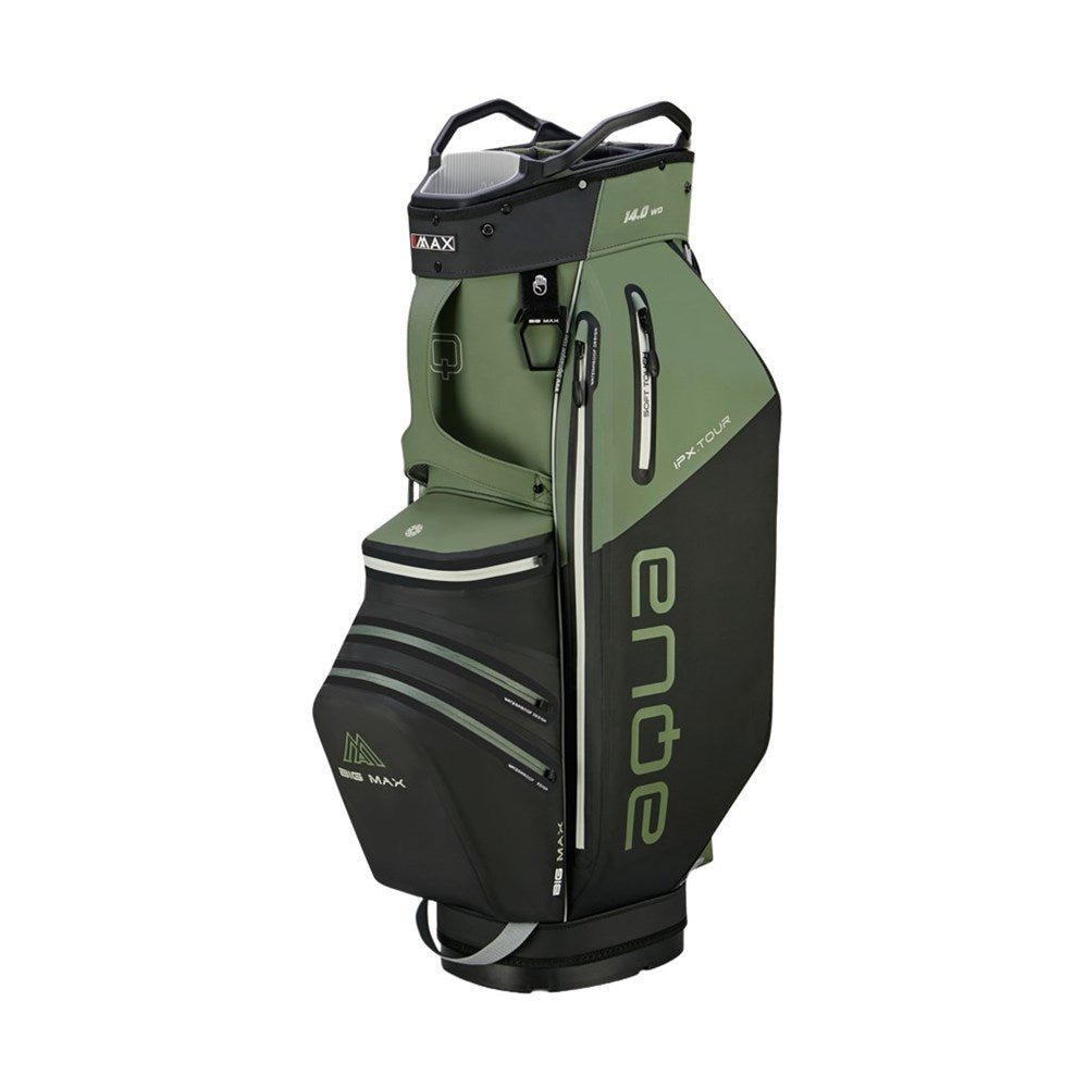 Green and black golf bag with multiple compartments on a white background