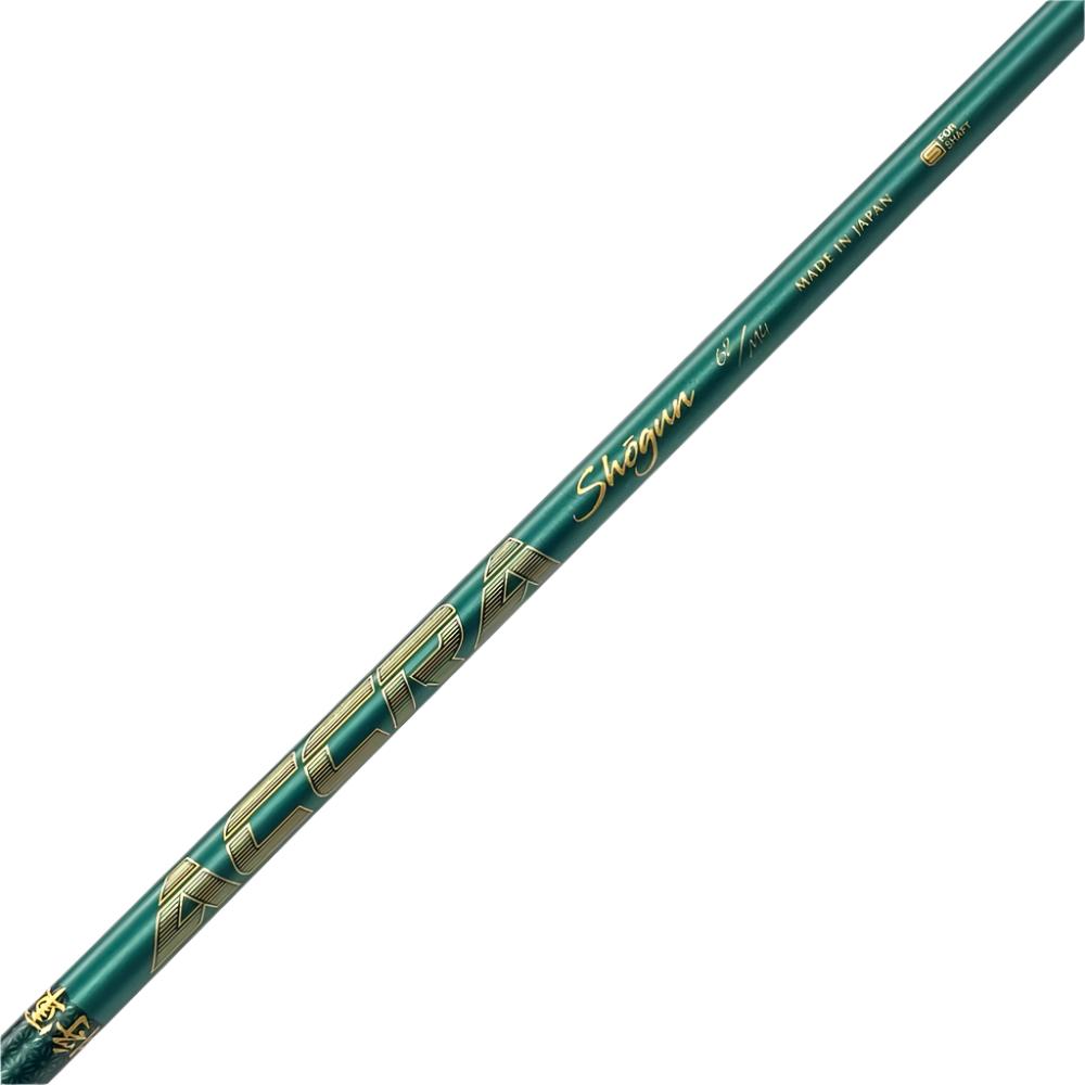 A golf club shaft with a green upper section and silver lower section, featuring the brand name 'ACCRA' in gold letters.