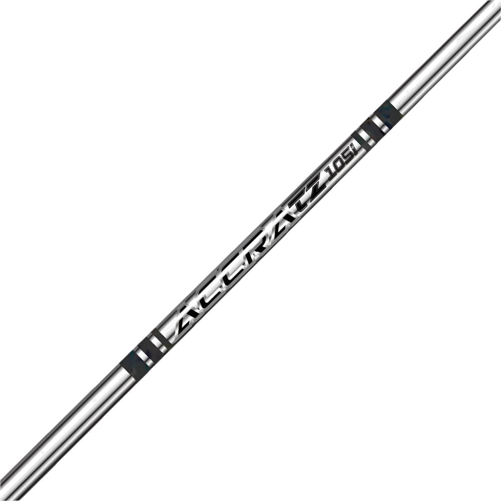 A silver golf iron shaft with a bold silver PVD finish and the Accra brand logo.