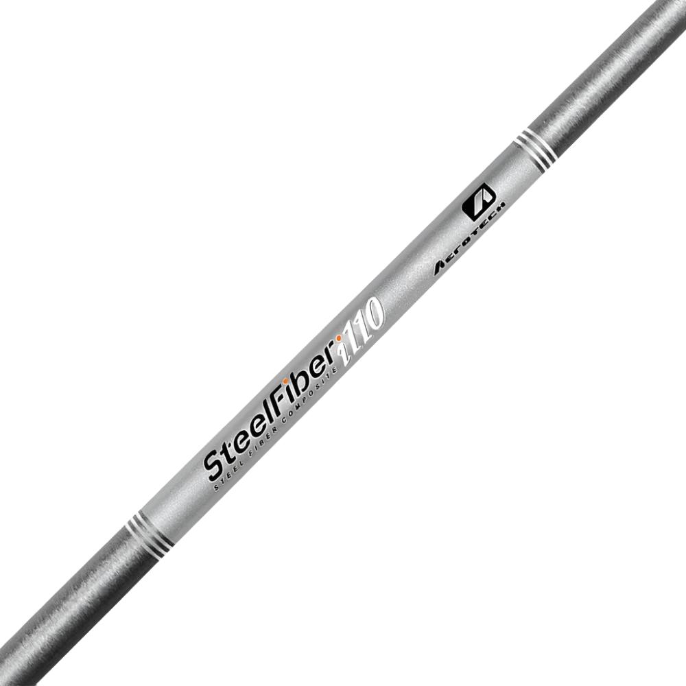 A silver golf club shaft labeled 'SteelFiber i55cw' with Aerotech branding.
