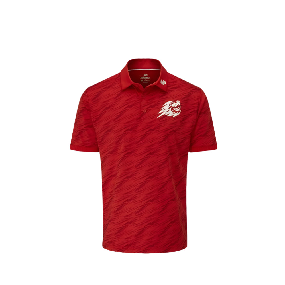 A red Stuburt polo tee with a geometric pattern and the LIV Golf Team Fireballs logo on the chest.