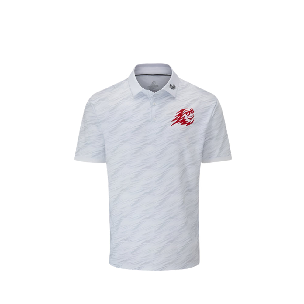 A white Stuburt polo tee with a geometric pattern and a red logo on the chest, designed for LIV Golf Team Fireballs.