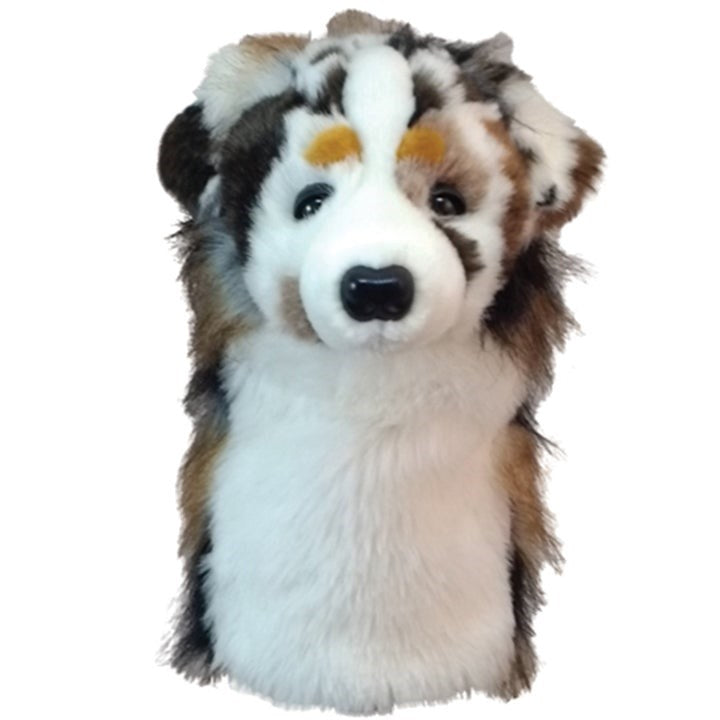 A synthetic sheepskin golf club headcover with a cartoon design resembling a dog's head.