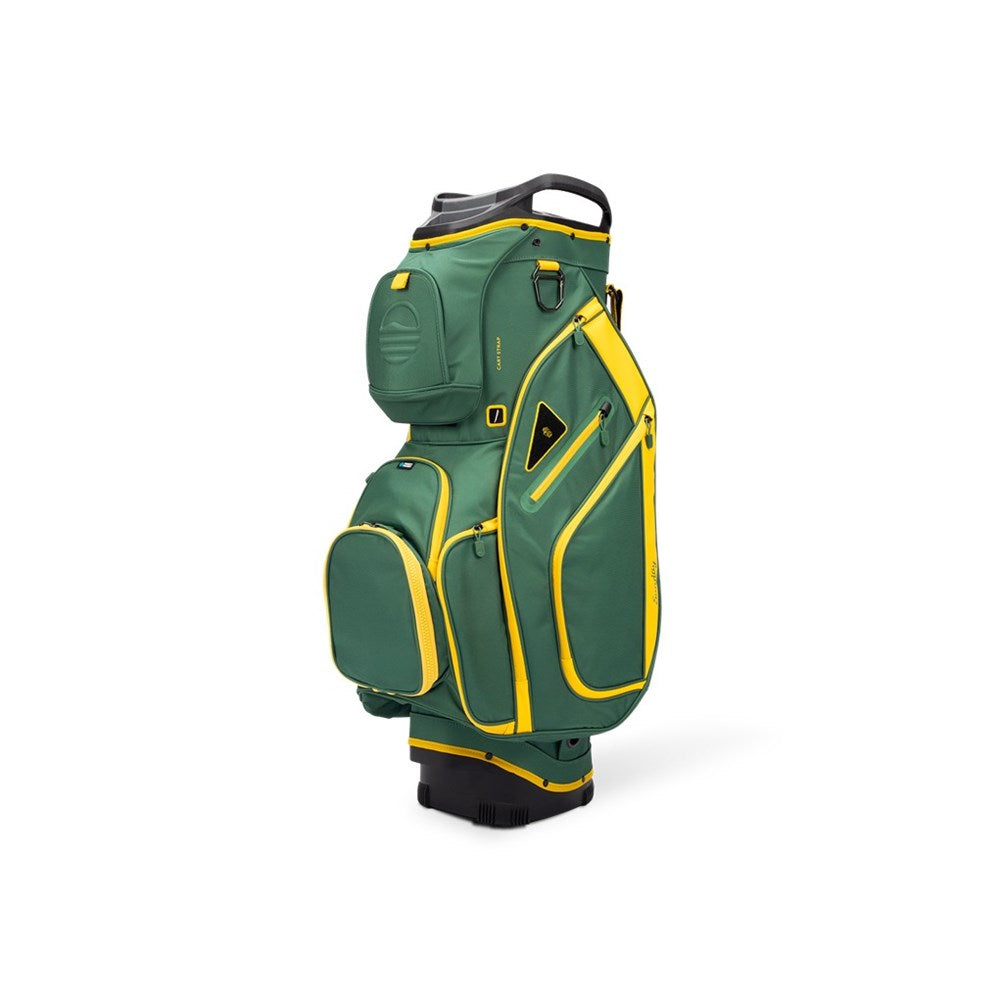 Green and yellow golf bag on a white background