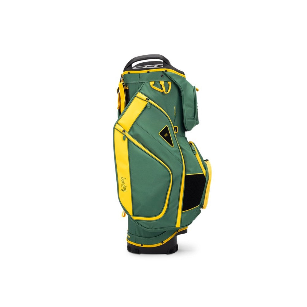 Green and yellow golf bag on a white background