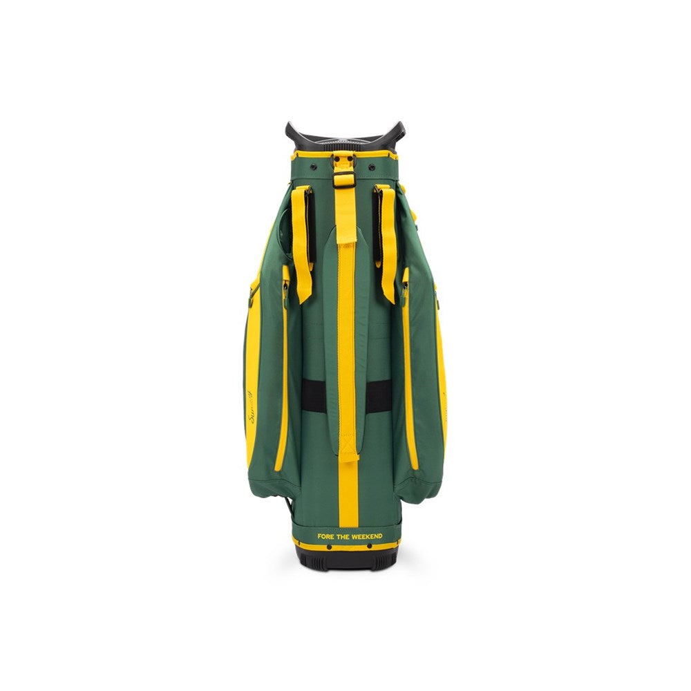 Green and yellow golf bag on a white background