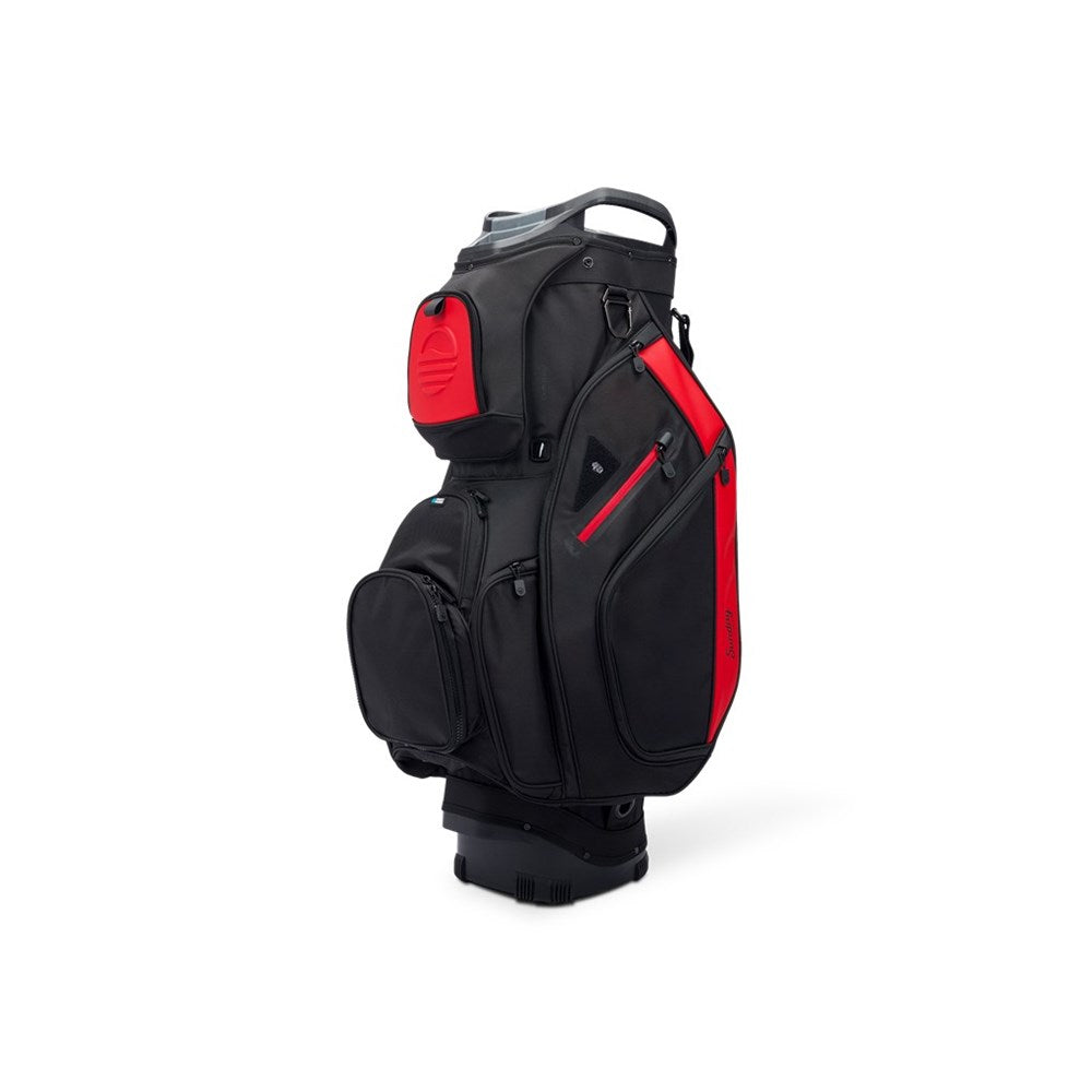 Black golf bag with red accents on a white background