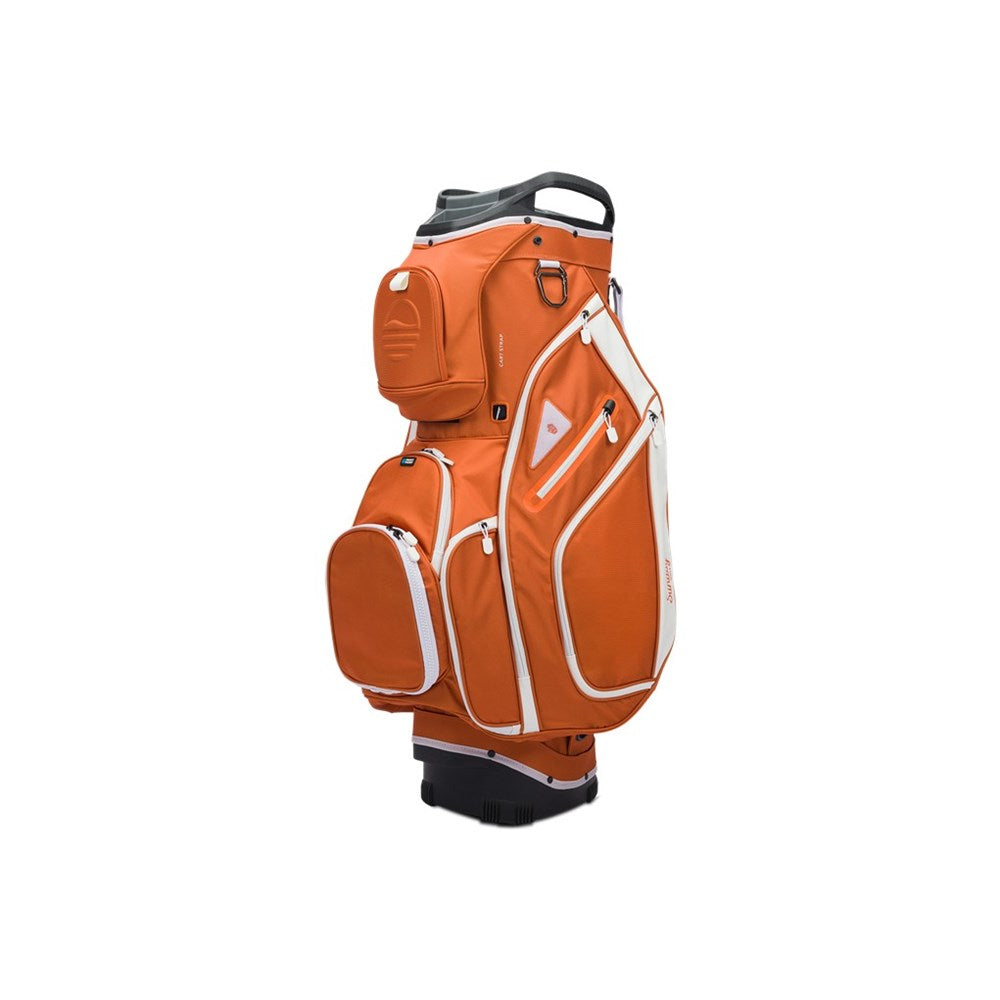 Orange golf bag with white accents on a white background