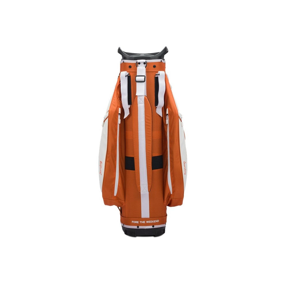 Orange and white golf bag with black accents on a white background