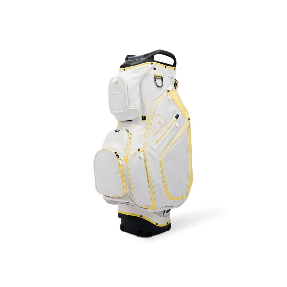 White golf bag with yellow accents on a white background