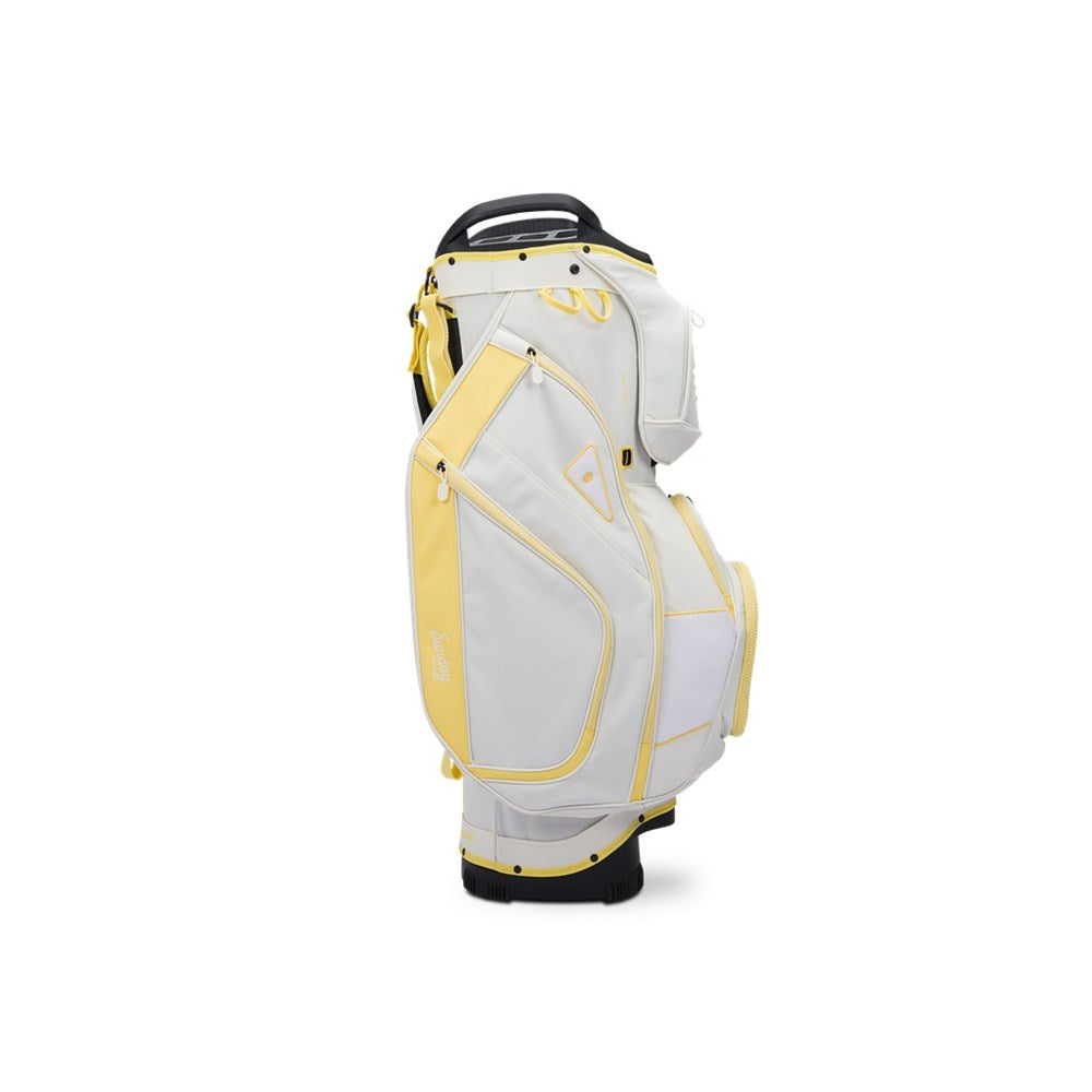 White golf cart bag with yellow accents on a white background