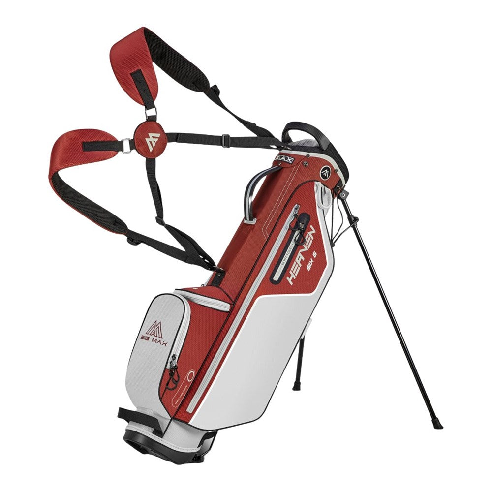A black golf stand bag with multiple pockets and a harness