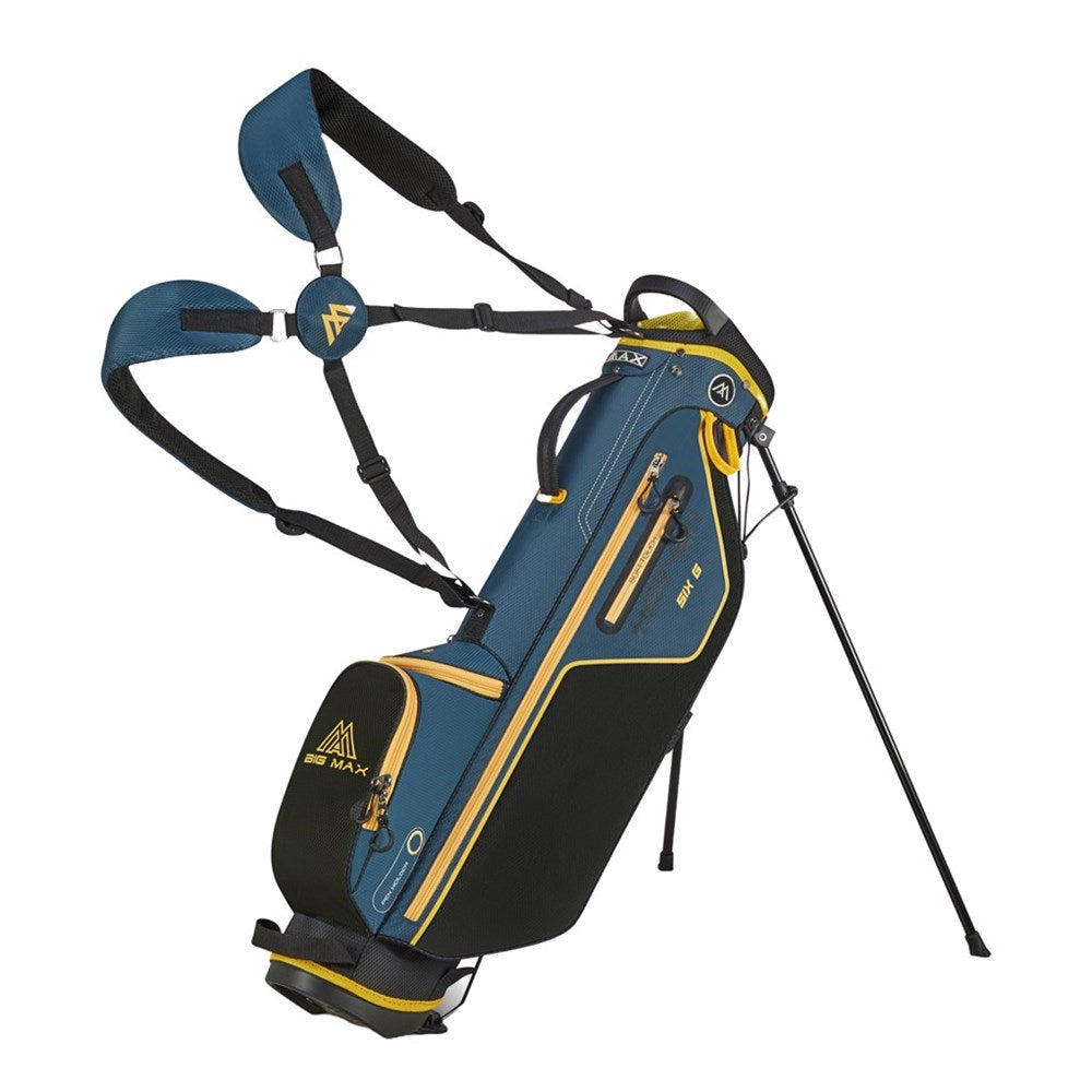 A black golf stand bag with multiple pockets and a harness