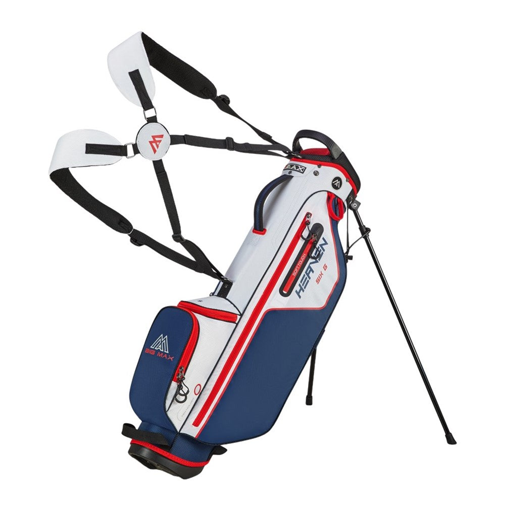A black golf stand bag with multiple pockets and a harness