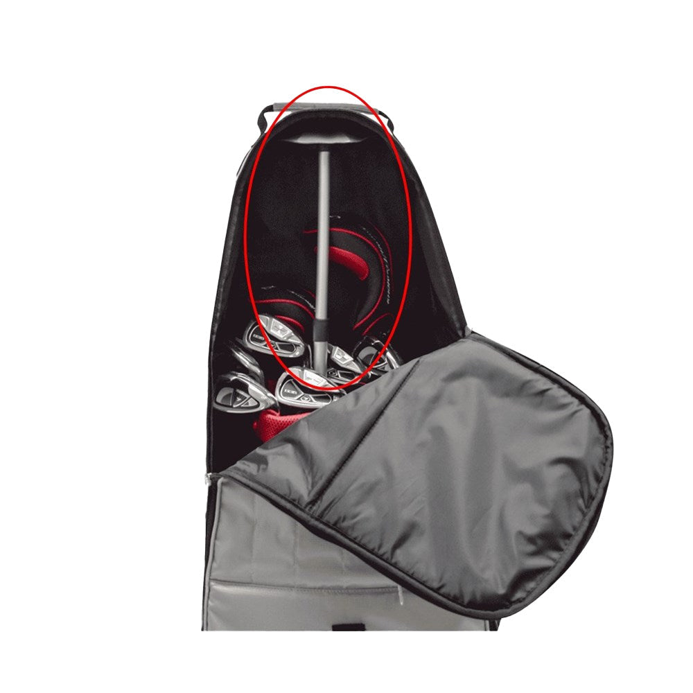 A golf club travel cover accessory known as 'Spine', which is black with a gray base and red detailing, shown partially opened to display the interior.