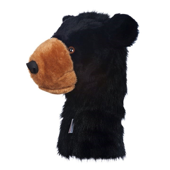 Golf club headcover designed to resemble a bear's head, primarily black with a brown nose and face.
