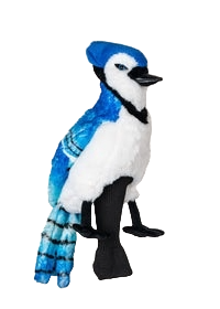 A synthetic blue and white bird headcover for a golf club