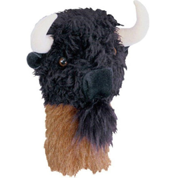 A synthetic headcover designed to resemble a buffalo, with black and brown colors and white horns.