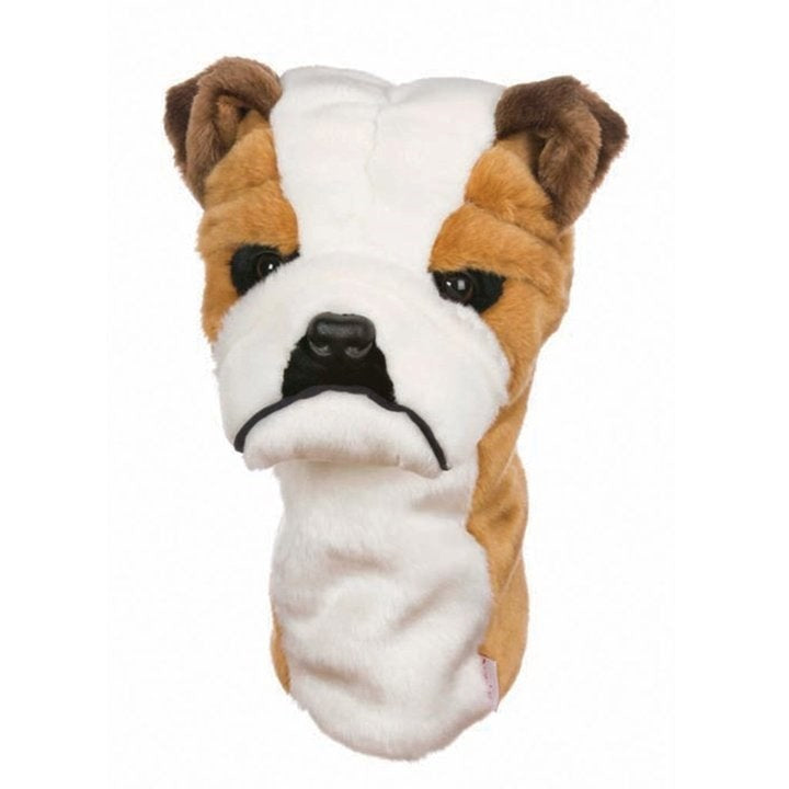 Golf club headcover designed to resemble a dog's head, primarily beige and white with brown ears.