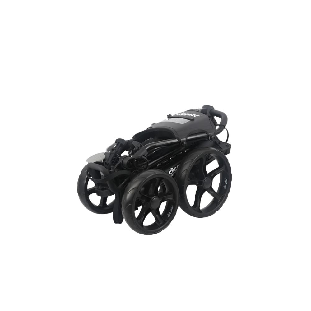 A black Clicgear golf cart with four wheels, featuring a silicone strap system and a front brake lever.