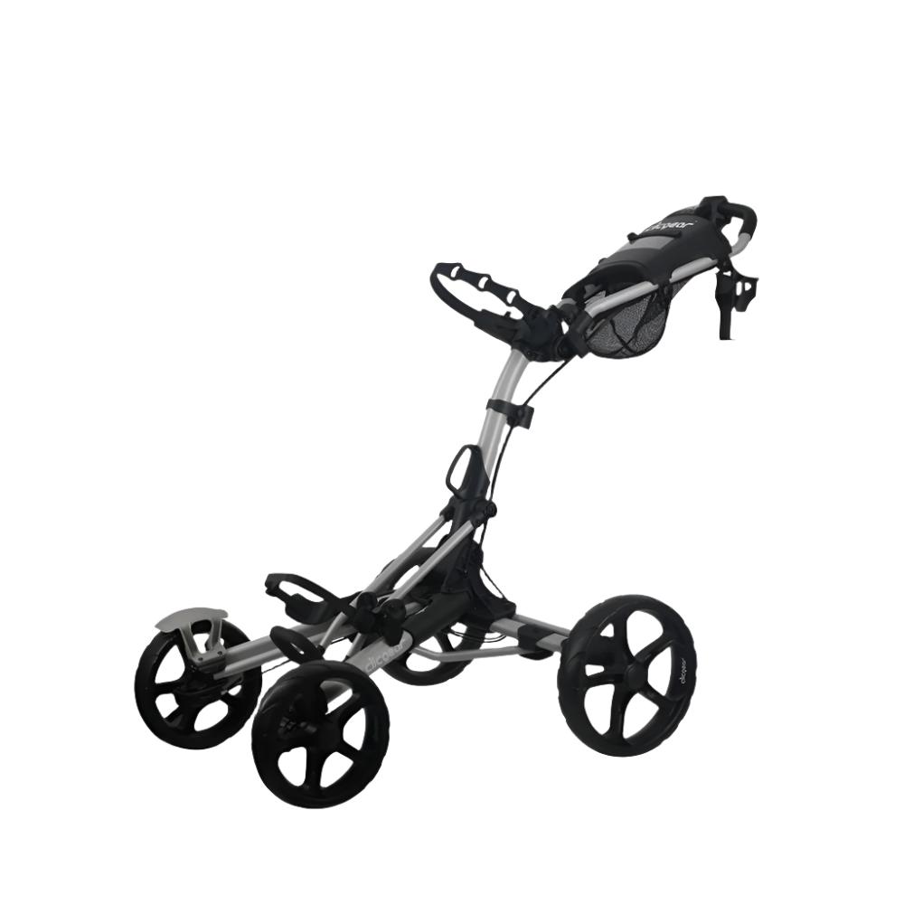 A black Clicgear golf cart with four wheels, featuring a silicone strap system and a front brake lever.