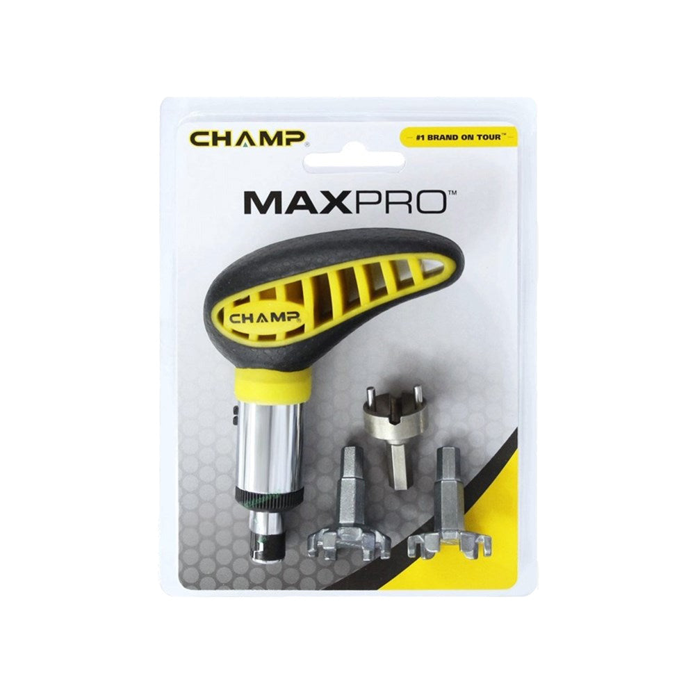 Packaging of Champ MaxPro Wrench with bits, featuring a silver wrench with yellow and black accents and multiple bit attachments.